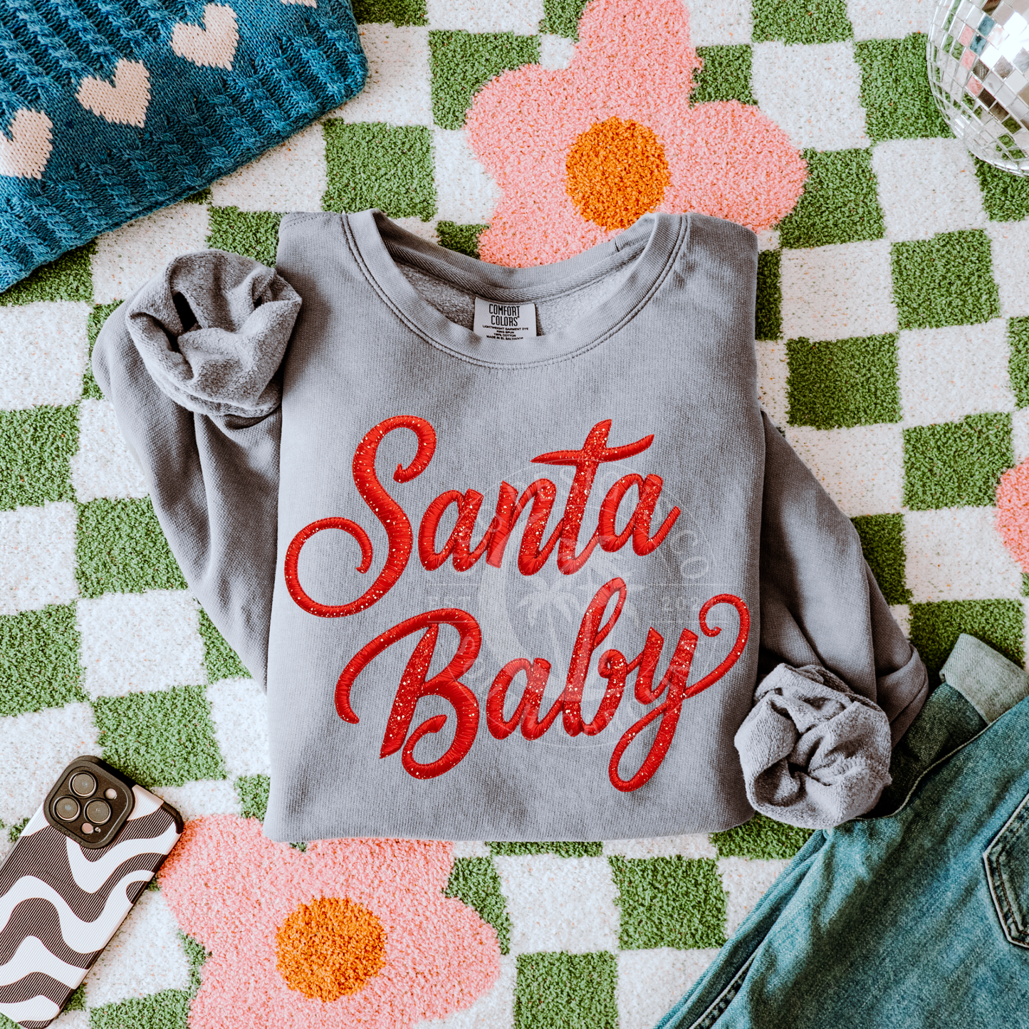 Faux Glitter Look Embroidery Santa Baby- PNG