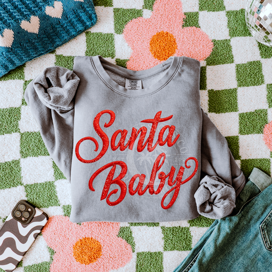 Faux Glitter Look Embroidery Santa Baby- PNG