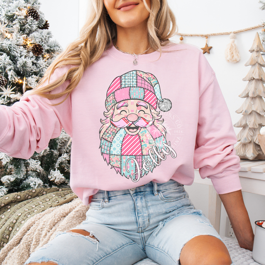 Patchwork Santa- Pink & Teal- PNG