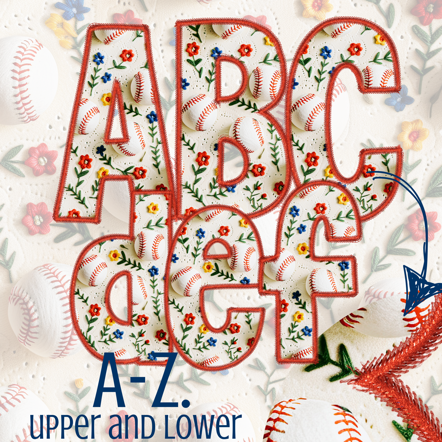 Floral Baseball- Faux Embroidery Alpha Set