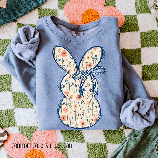 Navy Boho Floral Bunny Outline-PNG